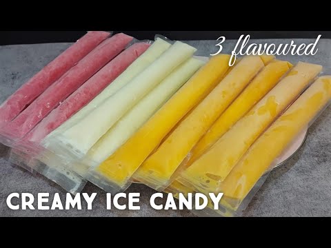 3 flavoured Ice Candy Recipe/Mango,Strawberry,Vanilla Ice candy/Ice popsicles/Creamy & easy IceCandy